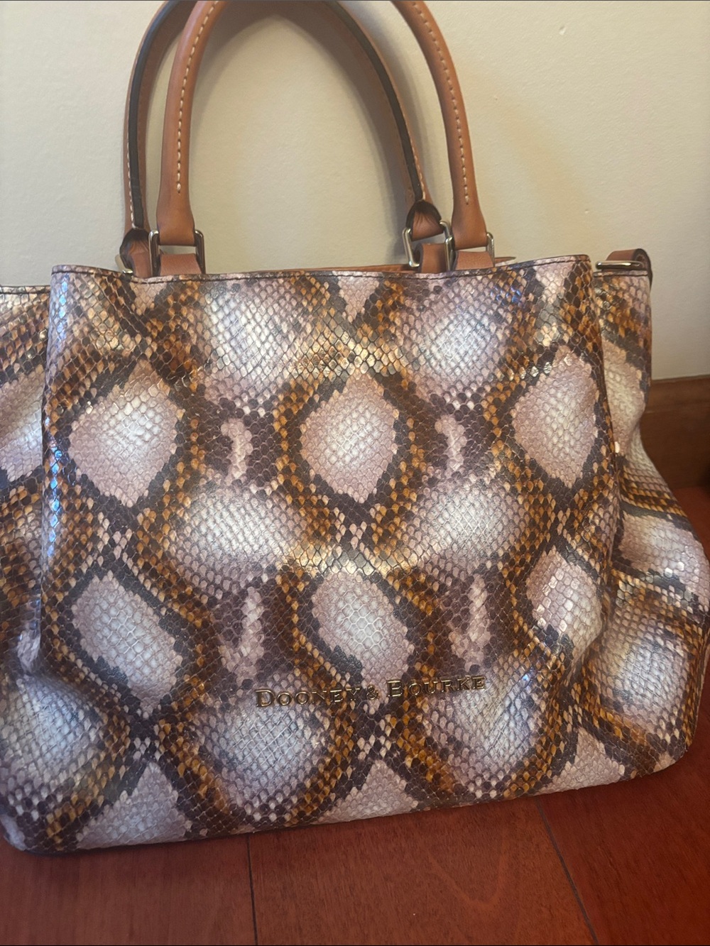 DOONEY & BOURKE Snake Print Tote Bag in Brown and Cream